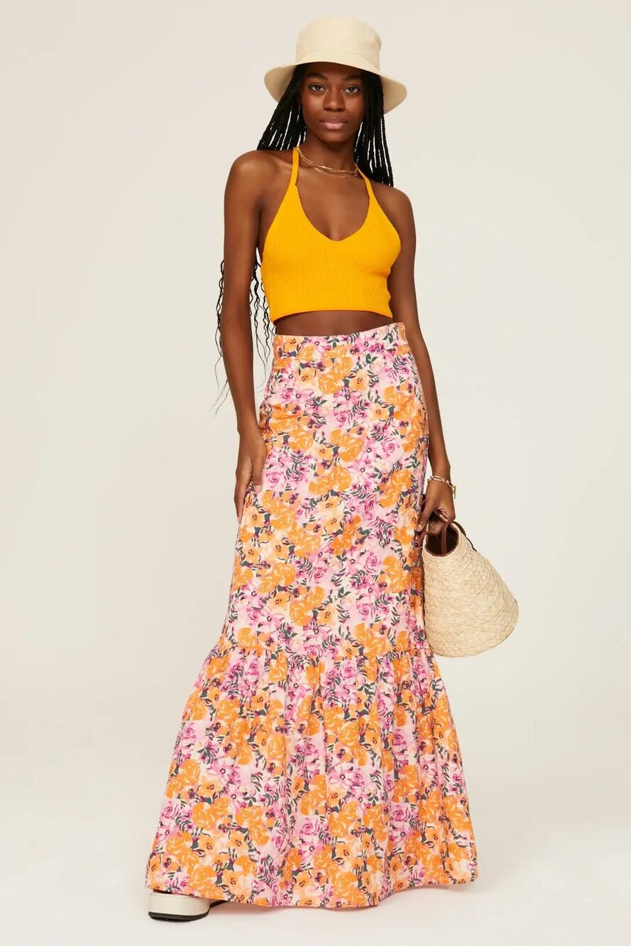 Something Navy Orange Floral Tiered Linen Cotton High Waist Maxi Skirt S